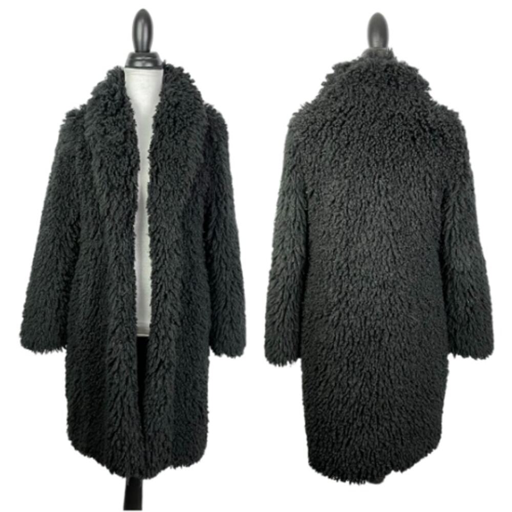 Worth New York Black Curly Magnolian Sheep Soft Faux Fur Open Midi Coat